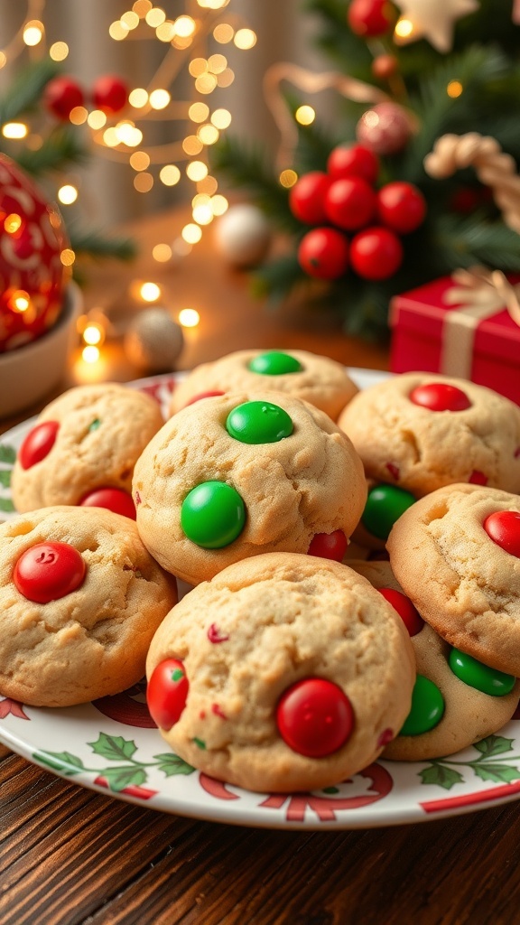 Festive M&M Christmas Cookies Recipe A festive plate of M&M Christmas cookies with red and green candies, set against a backdrop of holiday decorations.